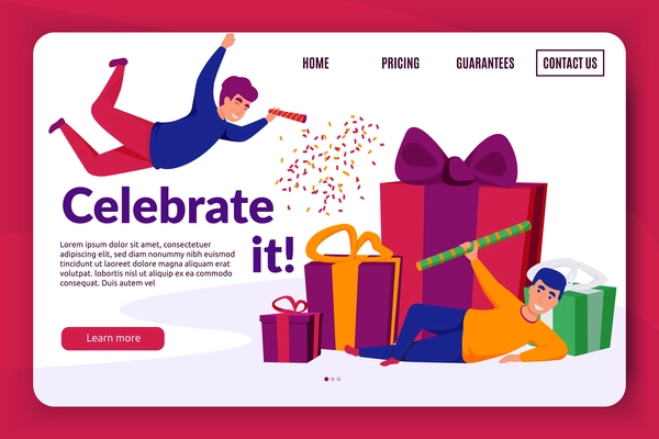 Happy celebration people background website landing page with editable text clickable links and images of presents vector illustration