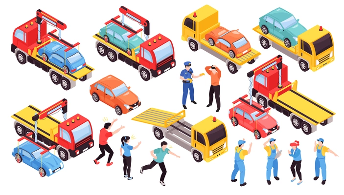 Isometric tow truck car vehicle transportation help road set with isolated people and images of lorry vector illustration