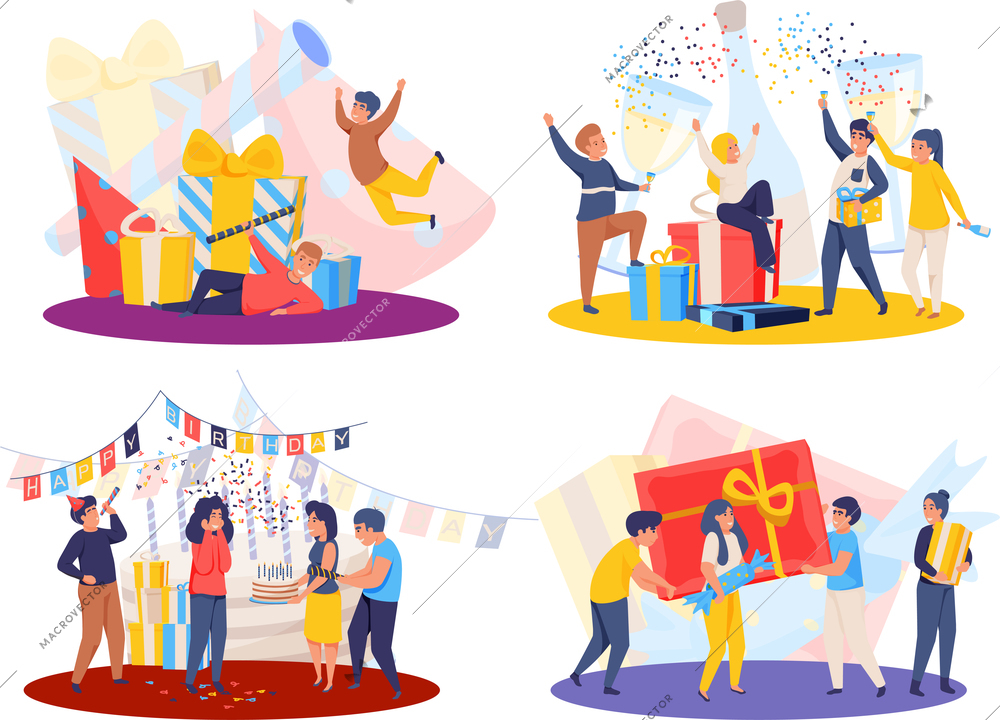 Happy celebration people 4x1 set of isolated compositions with festive human characters confetti and gift boxes vector illustration