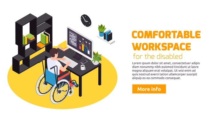 Home office for people with disabilities comfortable workspace with wheelchair accessible desk web landing page vector illustration