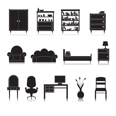 Furniture black decorative icons set of wardrobe bookshelf computer table isolated vector illustration