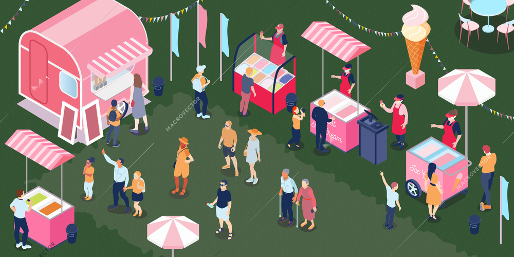 People of different ages walking and buying ice cream at outdoor cart stall cafe 3d isometric vector illustration