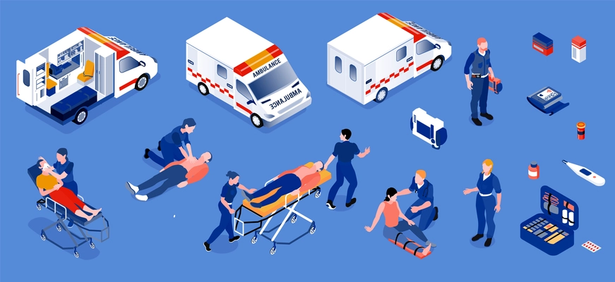 Ambulance isometric set of reanimobiles and medical personnel providing first aid to patients isolated vector illustration