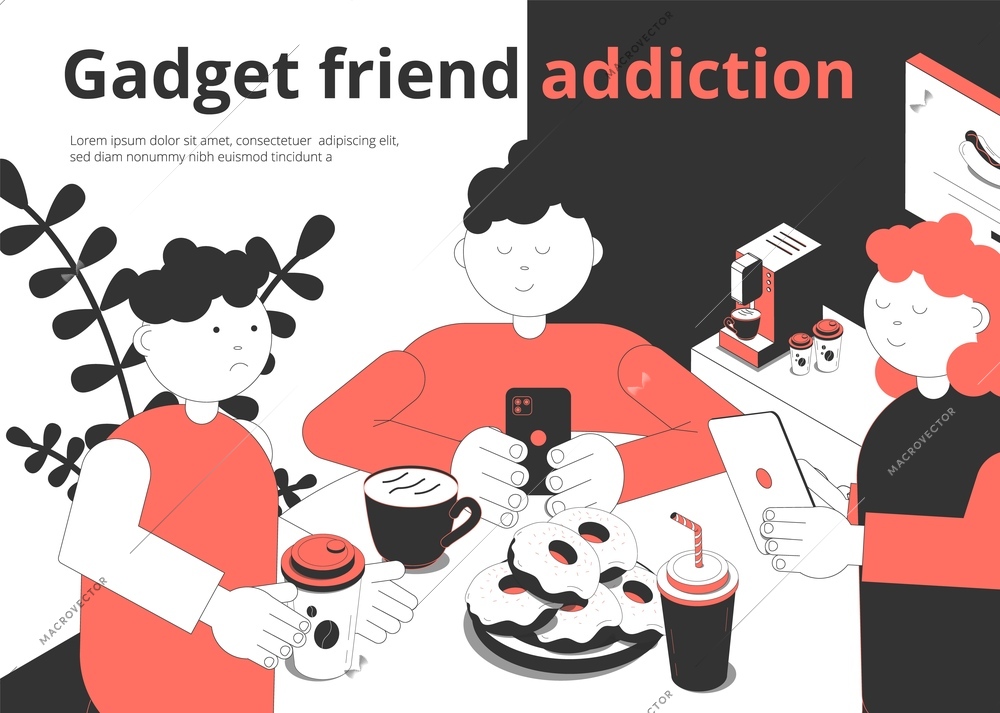 Gadget addiction isometric composition with fastfood cafe visitors and waiter scrolling smartphones reading friends messages vector illustration