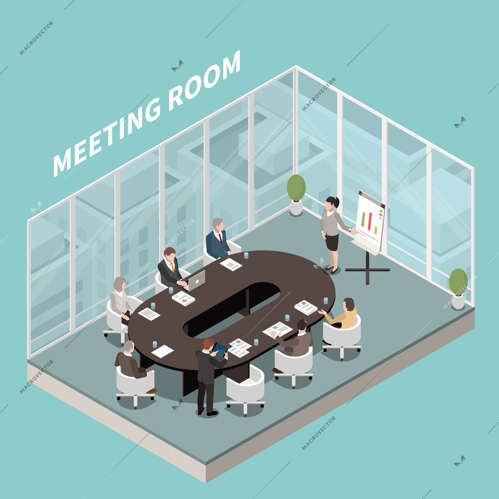 Meeting room business presentation isometric interior view of participants at oval table speaker glass walls vector illustration