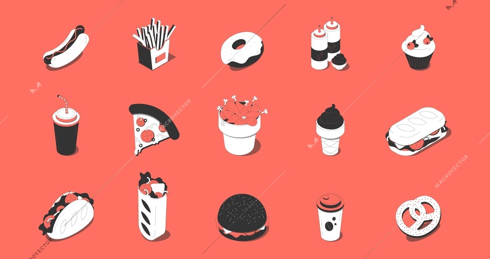 Fast food isometric icons set with hotdog donuts hamburger taco pizza soft drinks ice-cream vector illustration