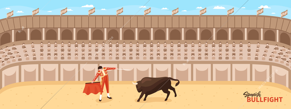 Isometric bullfight corrida composition with panoramic view of fight arena with character of toreador and bull vector illustration