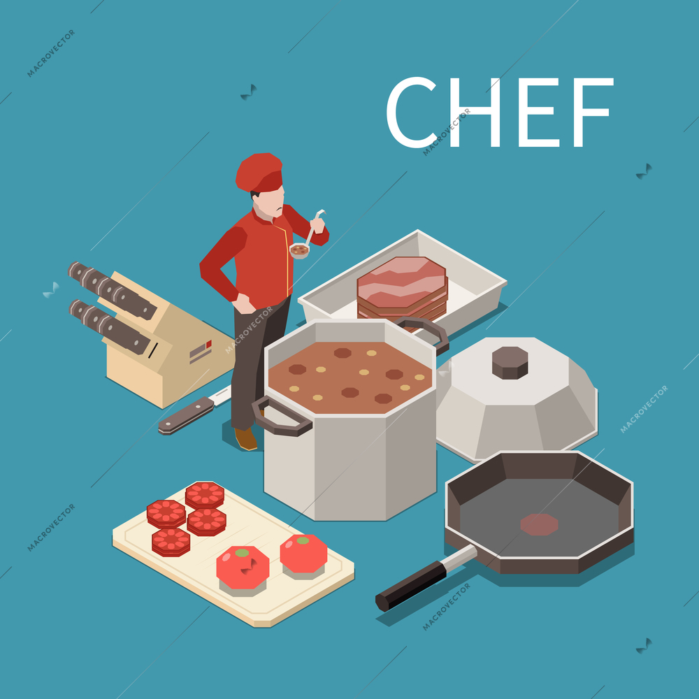 Professional kitchen appliances staff food isometric composition with restaurant chef tasting soup from commercial pot vector illustration