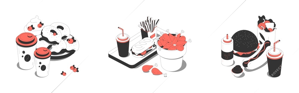 Fastfood lunch concept 3 isometric compositions with donuts soft drinks dessert hamburger hotdog french fries  vector illustration