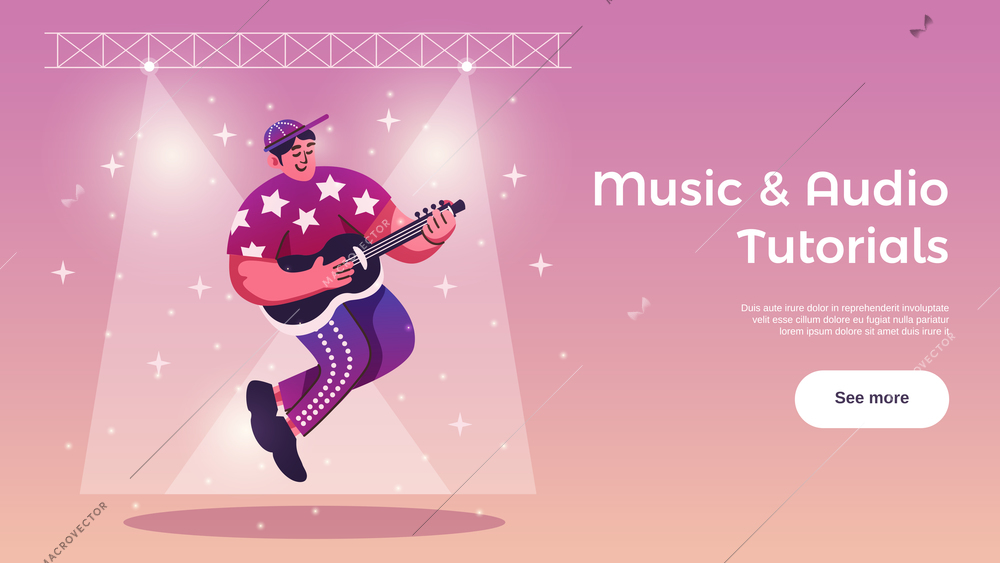 Hobbies free time activities online tutorials horizontal web banner with guitar player under stage lights vector illustration