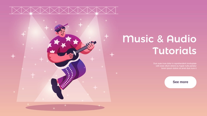 Hobbies free time activities online tutorials horizontal web banner with guitar player under stage lights vector illustration