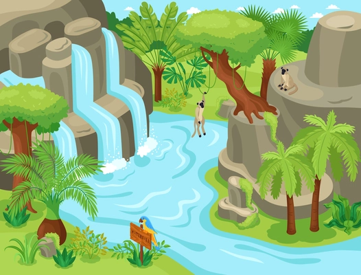 Isometric jungle animal composition with wild tropical landscape waterfall exotic trees and monkeys hanging on climbers vector illustration