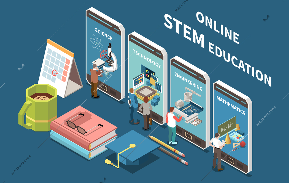 Online stem education isometric composition with 4 science technology engineering mathematics mobile screens textbooks coffee vector illustration