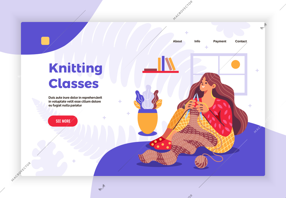 Hobbies concept flat landing page banner with young woman following knitting classes online at home vector illustration