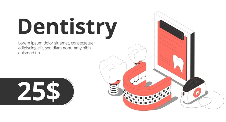 Dentistry orthodontic service consultation offer isometric composition with dental patient record implant floss braces banner vector illustration