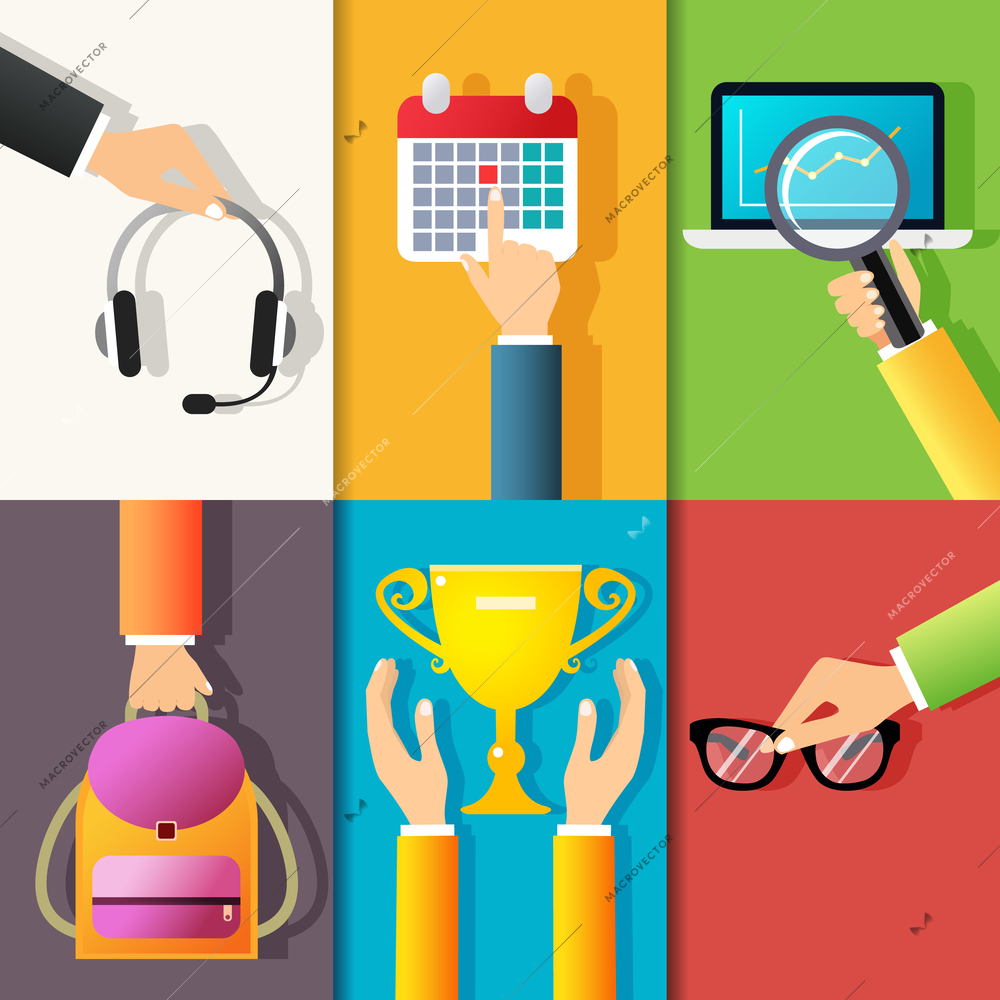 Business hands gestures design elements of holding headphones pointing on calendar isolated vector illustration