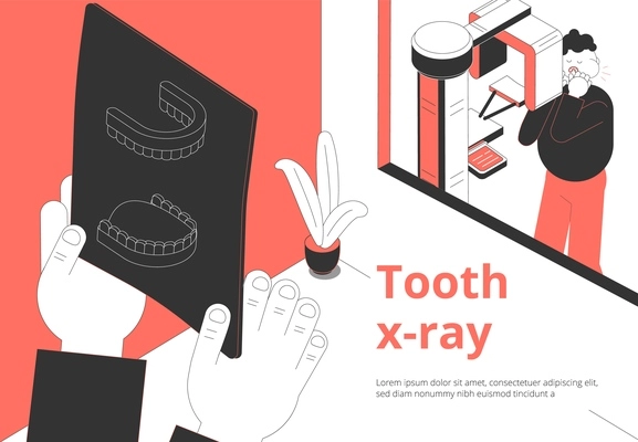 Dental clinic toothache treatment and diagnosis isometric composition with patient waiting xray image examination result vector illustration