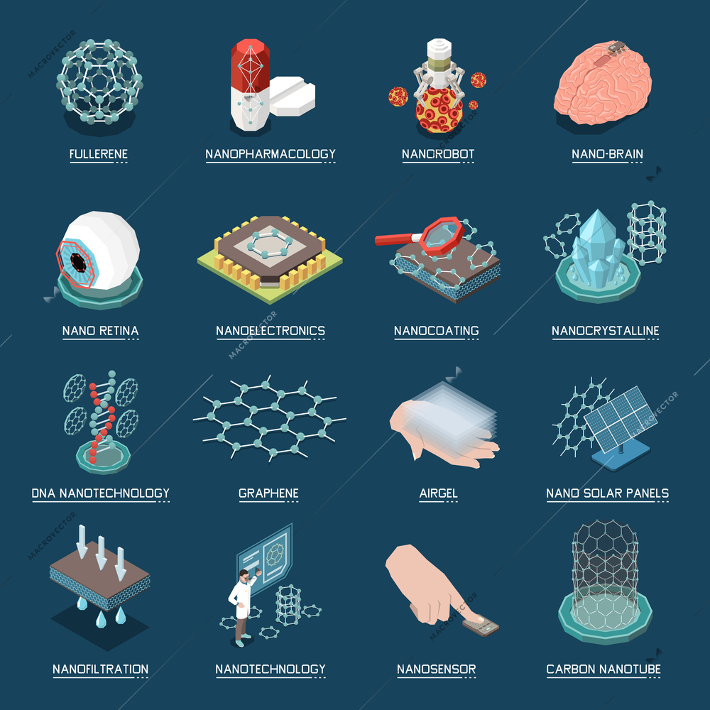 Nanotechnology in medicine pharmacology electronics robotics brain retina sensors graphene structures isometric icons set isolated vector illustration