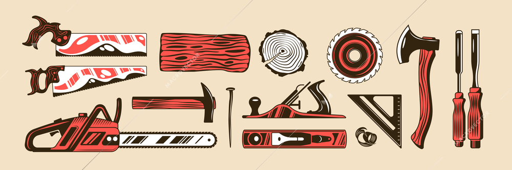 Lumberjack color hand drawn set of tools for woodworking including axe handsaw carpentry instrument isolated vector illustration