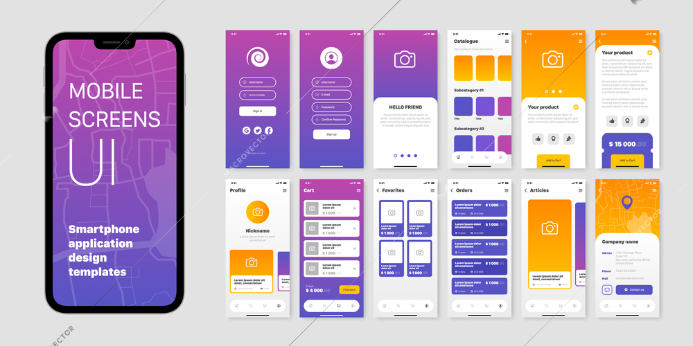 Mobile screens set with user interface of smartphone application design templates isolated flat vector illustration