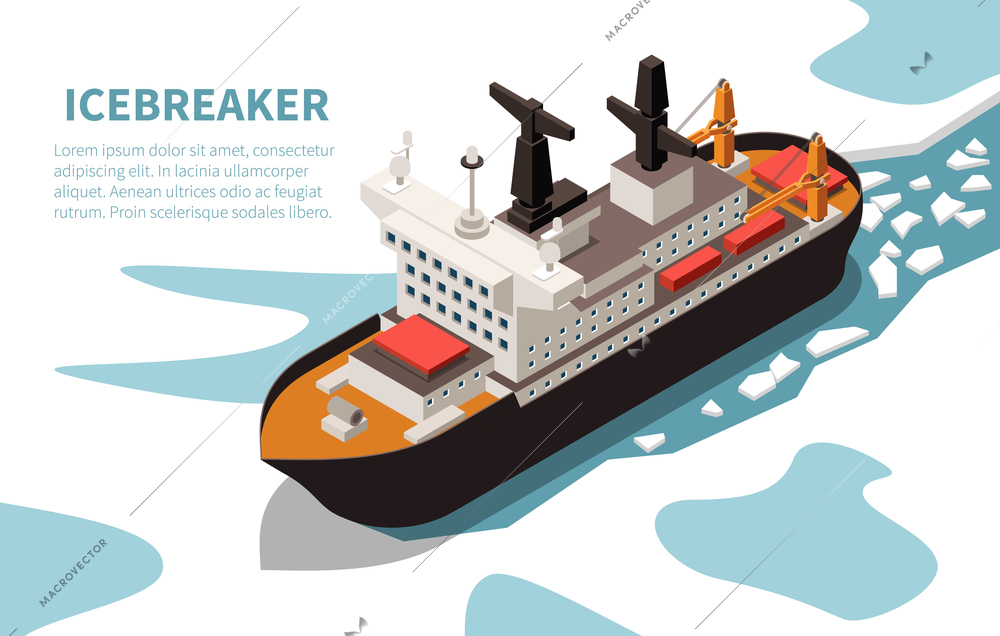 Modern powerful nuclear icebreaker ship in ice-covered water isometric  vessel image title text vector illustration