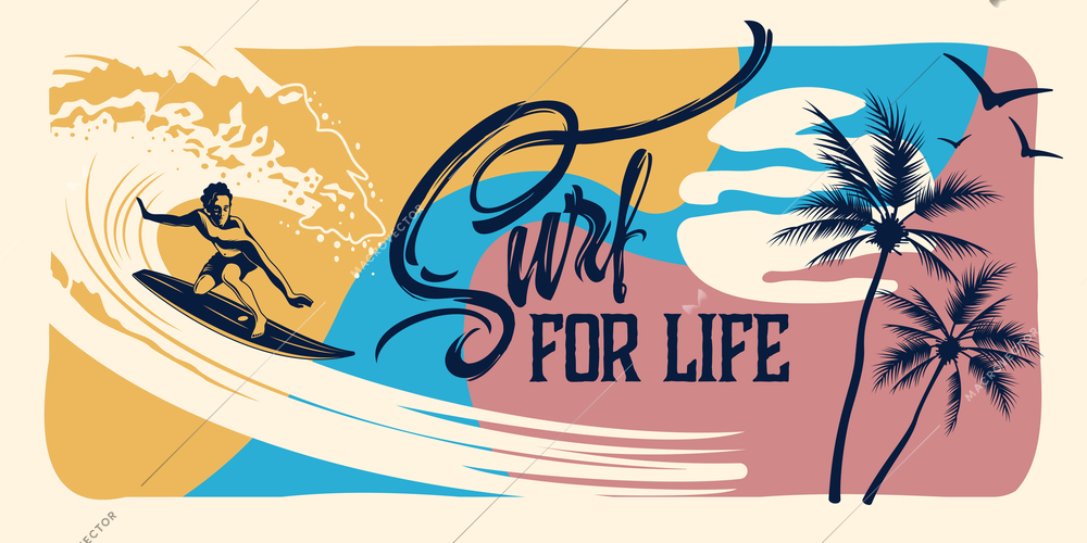 Extreme surf for life horizontal colored poster surfer on big rushing wave hand drawn vector illustration