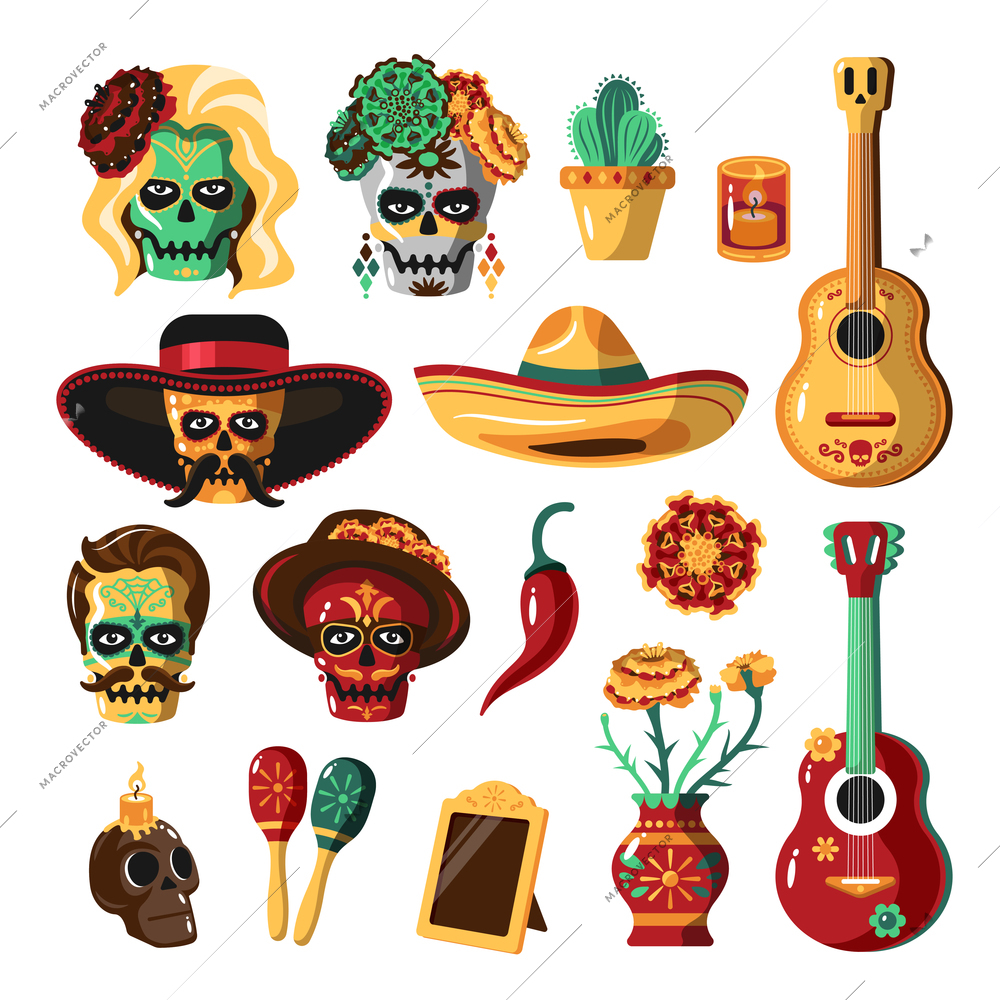 Day of dead as mexican ethnic holiday cartoon set with guitar festive mask elements of tradition national wear vector illustration