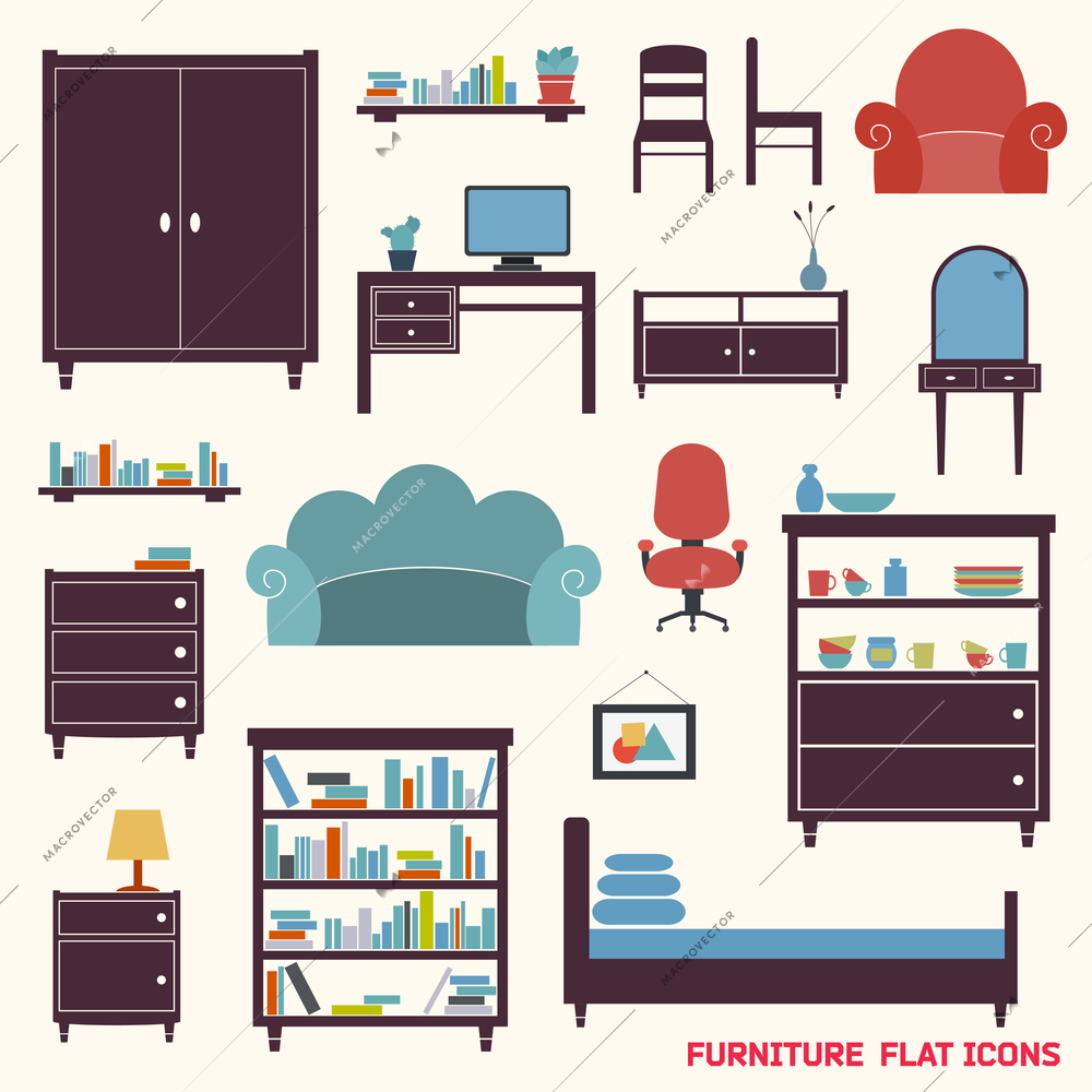 Furniture flat decorative icons set of cupboard armchair closet isolated vector illustration