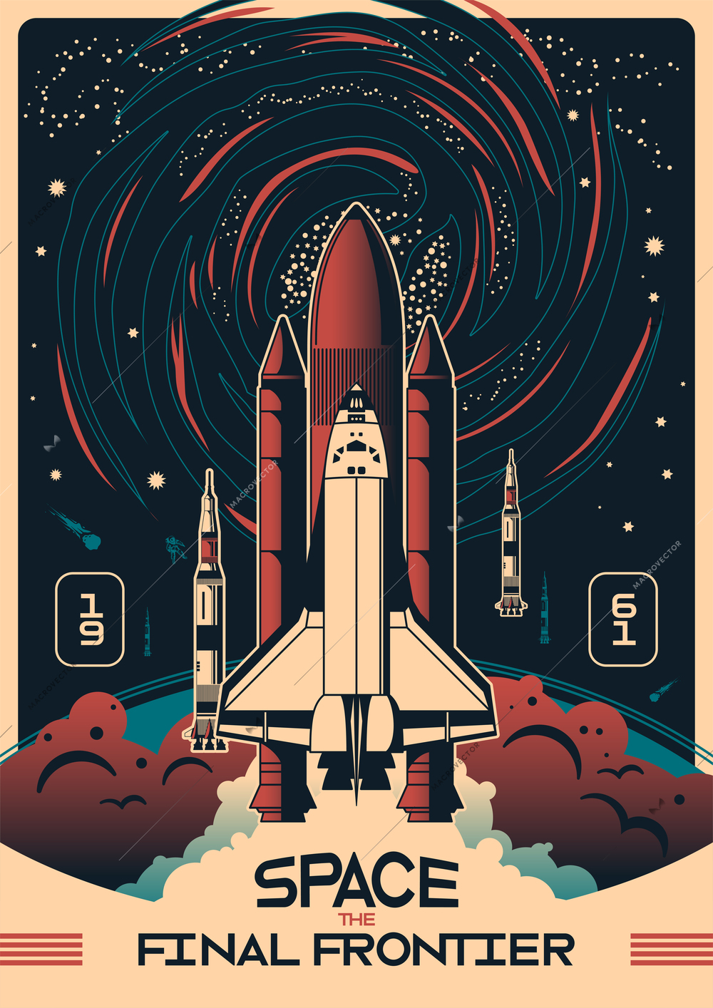 Space vertical poster with rockets at night star sky background and 1961 date text vector illustration