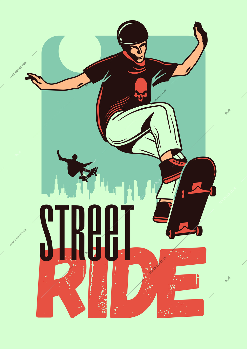 Street ride hand drawn color poster with young man in helmet jumping on skateboard vector illustration