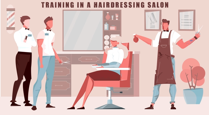 Barbershop training poster with hairdressing salon symbols flat vector illustration