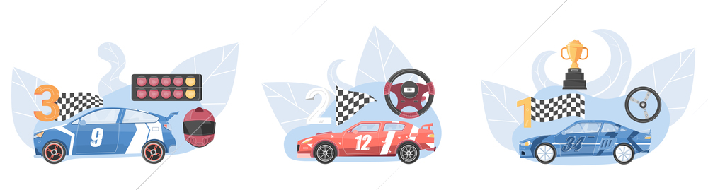 Car racing composition with victory symbols flat isolated vector illustration