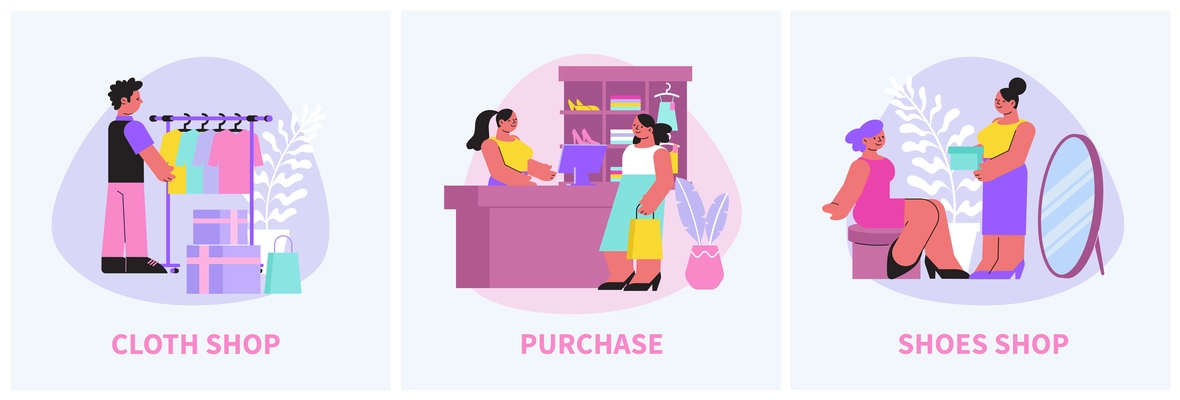 Shop set with three isolated compositions of editable text and shopping people with clothes and shoes vector illustration