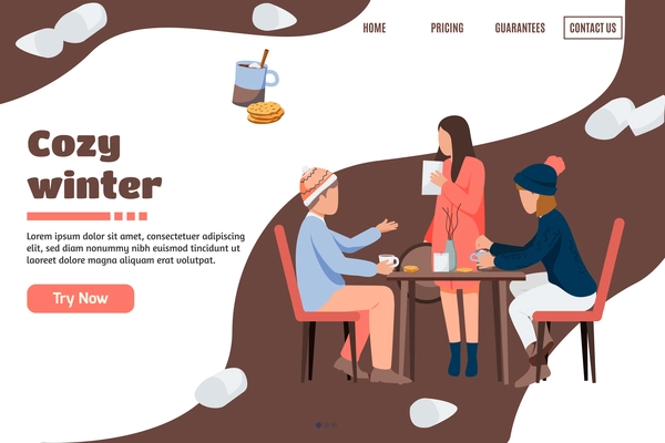 Cozy winter flat background for web site landing page with people at table and clickable links vector illustration