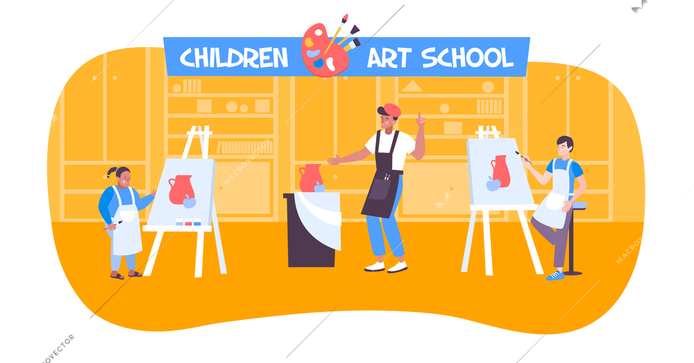 Visual art concept with schildren art school symbols flat vector illustration