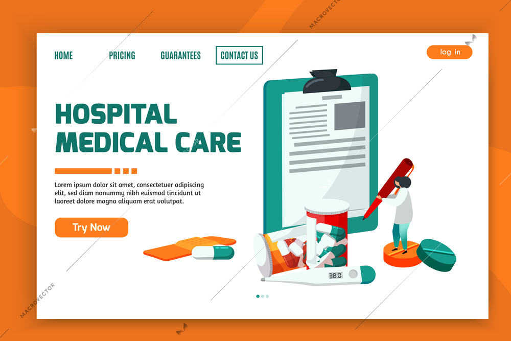 Medical center flat background for web site landing page with images and clickable links with buttons vector illustration