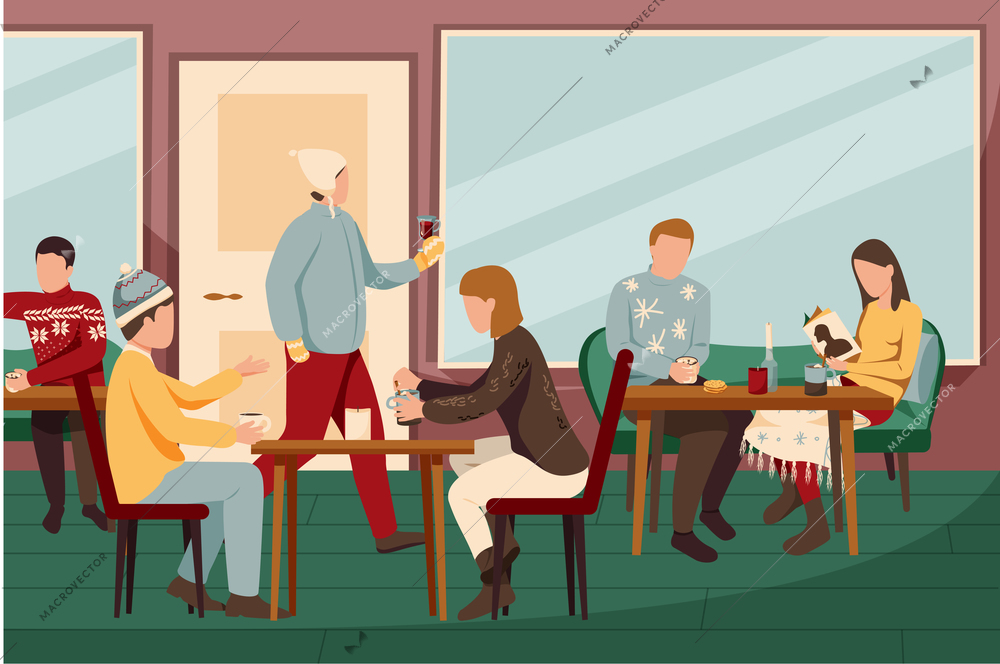 Cozy winter flat composition with people in warm clothes sitting at restaurant tables drinking beverage drinks vector illustration