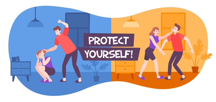 Self defence domestic violence flat composition with text and indoor views with scenes of family abuse vector illustration