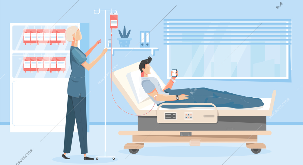 Blood donation background with donor and doctor symbols flat vector illustration