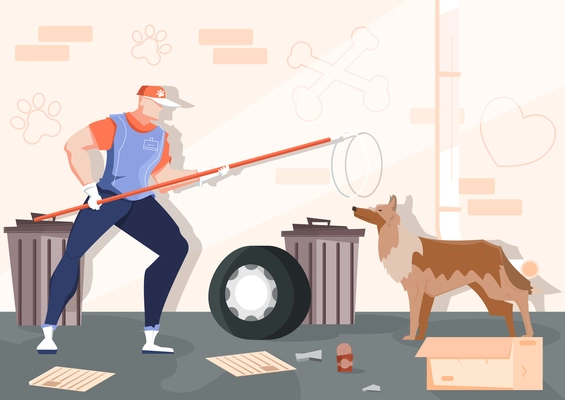 Catching homeless animals flat composition with backstreet scenery brick wall rubbish and human with wild dog vector illustration