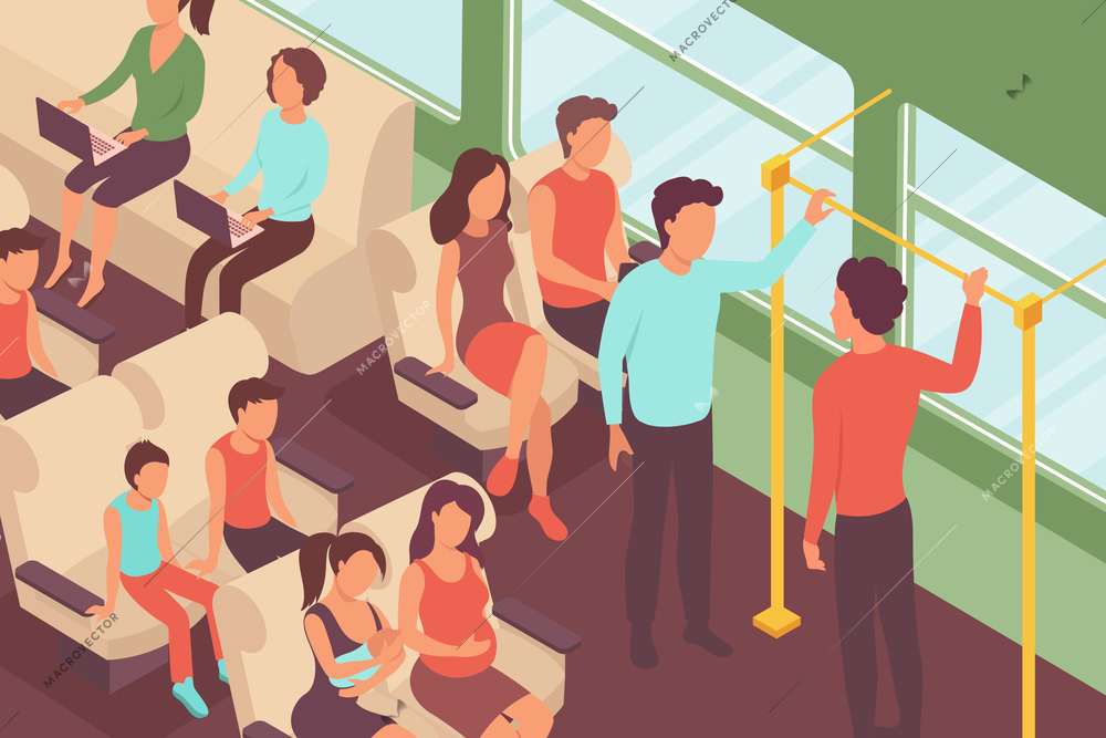 Public transport people isometric Composition with view of comfortable passenger car with seats and human characters vector illustration