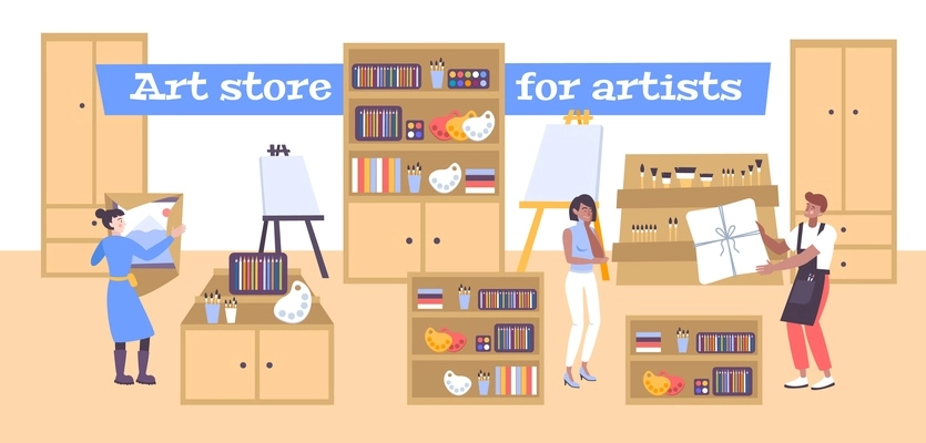 Art store background with goods for drawing and painting flat vector illustration