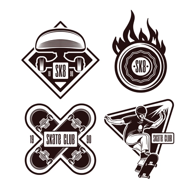 Skateboarding engraving black emblem set on white background isolated monochrome vector illustration