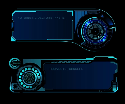 Hud interface futuristic banners with world map location scan monitor isolated on black background vector illustration