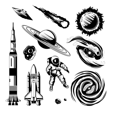 Space engraving hand drawn set of rockets planets comet ufo astronaut isolated on white background vector illustration