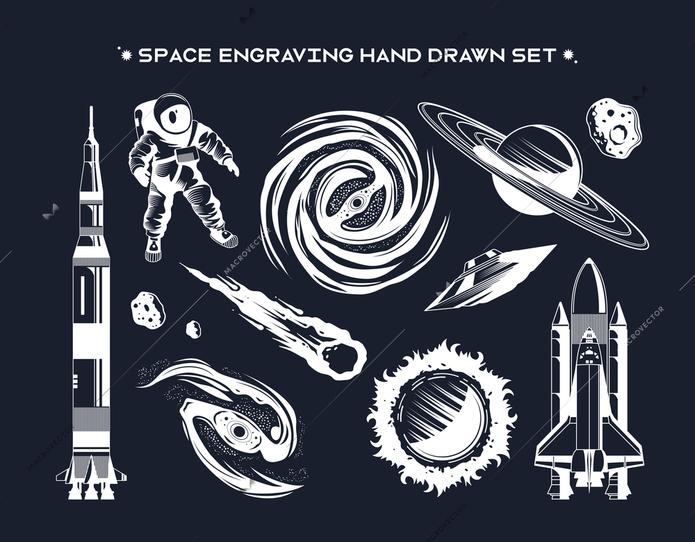 Space chalk drawn set of isolated engraving cosmic elements on black background hand drawn vector illustration