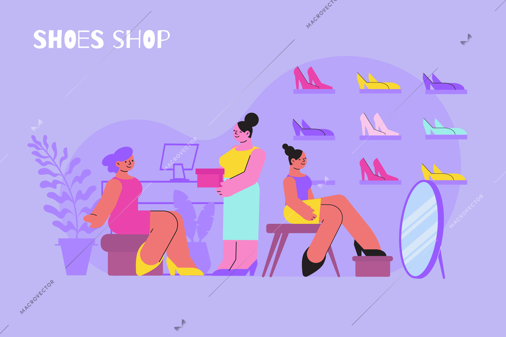 Shoes shop composition with text and female characters inside shoe store with mirror and high heels vector illustration