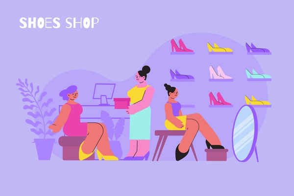 Shoes shop composition with text and female characters inside shoe store with mirror and high heels vector illustration