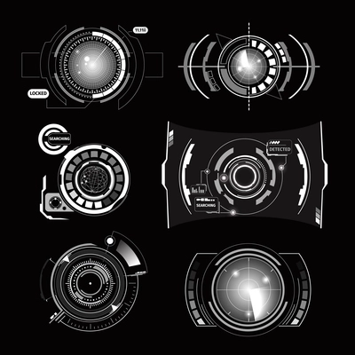 Hud interface monochrome set of different variants of radar and elements of control panel vector illustration