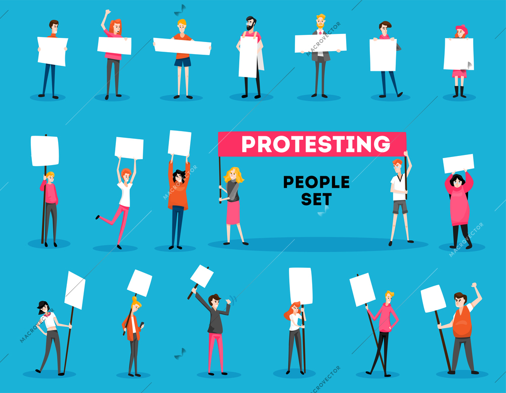 Protesting people activist set with text and isolated doodle style characters of young protesters with placards vector illustration